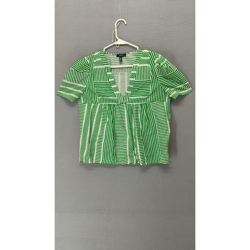 Aqua Women Blouse M Green White Striped Short Sleeve V Neck Lightweight Casual